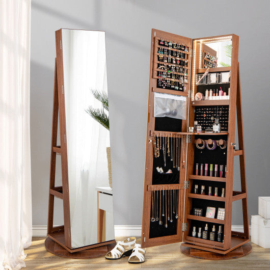 360 ° Rotating Mirrored Jewelry Cabinet Armoire 3 Color LED Modes Lockable-Dark Brown