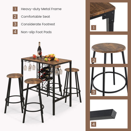 5 Pieces Bar Table and Stools Set with Wine Rack and Glass Holder-Rustic Brown