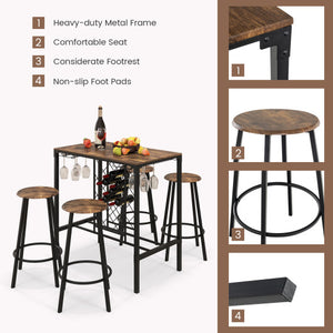 5 Pieces Bar Table and Stools Set with Wine Rack and Glass Holder-Rustic Brown