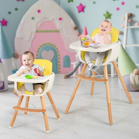 3-in-1 Convertible Wooden High Chair with Cushion-Yellow