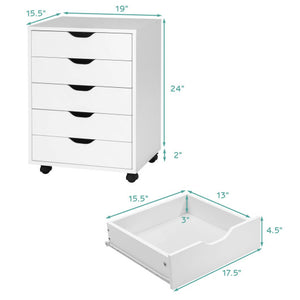 5 Drawer Mobile Lateral Filing Storage Home Office Floor Cabinet with Wheels-White