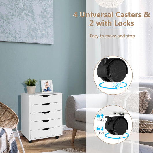 5 Drawer Mobile Lateral Filing Storage Home Office Floor Cabinet with Wheels-White