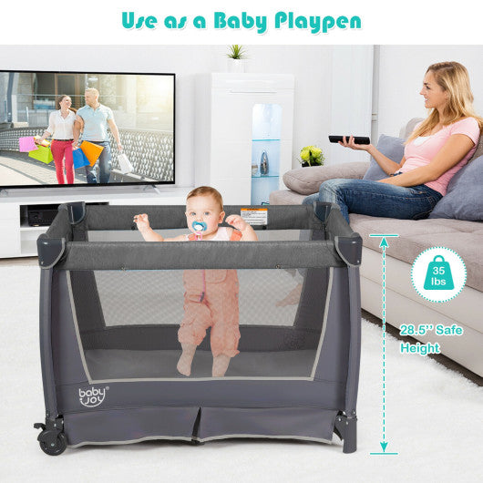 4-in-1 Convertible Portable Baby Play yard with Toys and Music Player-Gray