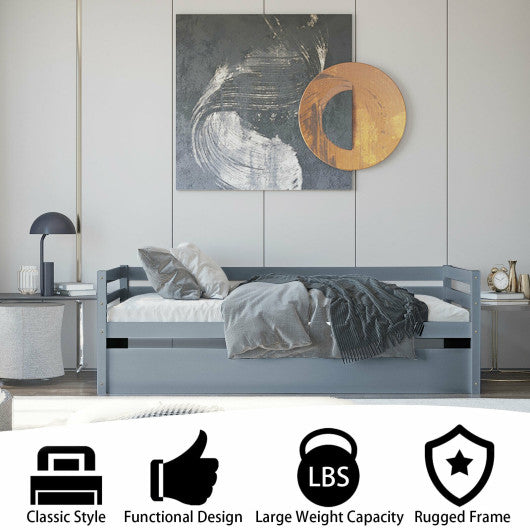 Twin Size Trundle Platform Bed Frame with  Wooden Slat Support-Gray