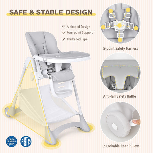 Baby Convertible Folding Adjustable High Chair with Wheel Tray Storage Basket -Gray