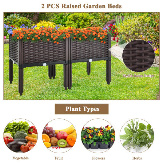 2 Set Elevated Plastic Raised Garden Bed Planter Kit for Flower Vegetable Grow-Brown