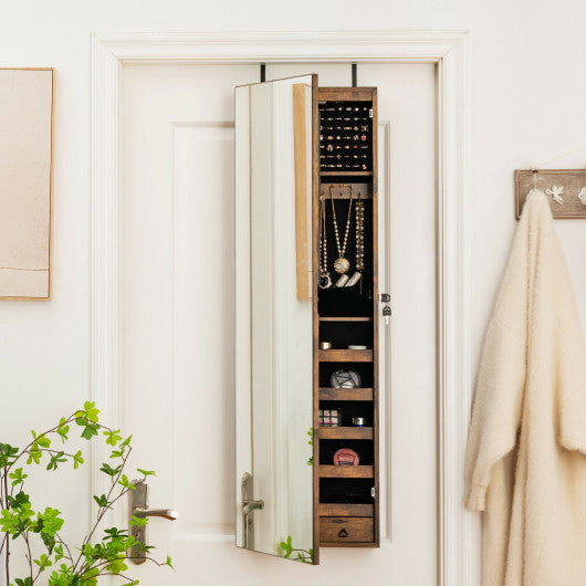 Wall and Door Mounted Mirrored Jewelry Cabinet with Lights-Rustic Brown