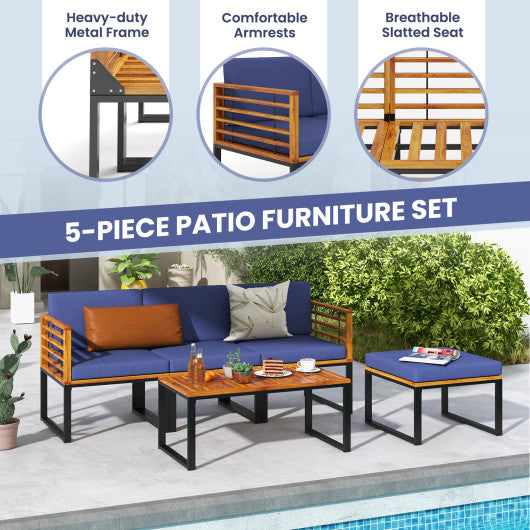 5-Piece Patio Acacia Wood Chair Set with Ottoman and Coffee Table-Navy
