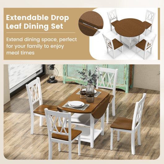 5 Piece Round Kitchen Dining Set with Drop Leaf Table Top