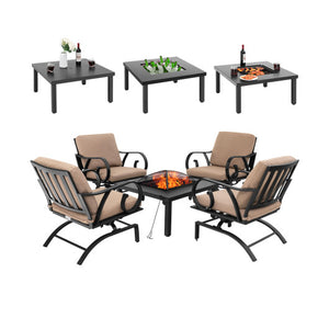 5 Pieces Patio Rocking Chairs and 4-in-1 Fire Pit Table with Fire Poker