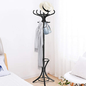 Wood Standing Hat Coat Rack with Umbrella Stand-Black
