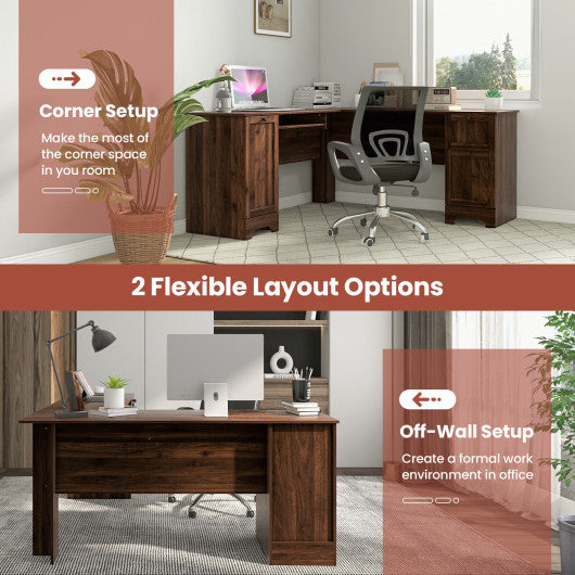 L-Shaped Office Desk with Storage Drawers and Keyboard Tray-Walnut