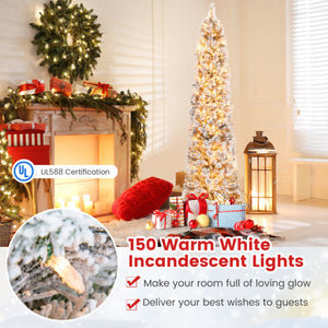 4.5/6/7 Feet Christmas Tree with 258 Branch Tips and 100 Incandescent Lights-Flocked and Slim-6 Feet