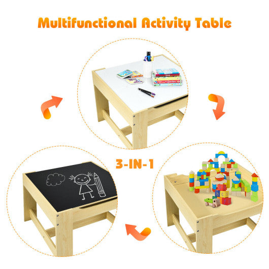 Kids Table Chairs Set With Storage Boxes Blackboard Whiteboard Drawing-Natural