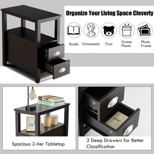Set of 2 End Table Wooden with 2 Drawer & Shelf Bedside Table-Dark Brown
