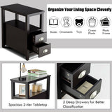 Set of 2 End Table Wooden with 2 Drawer & Shelf Bedside Table-Dark Brown