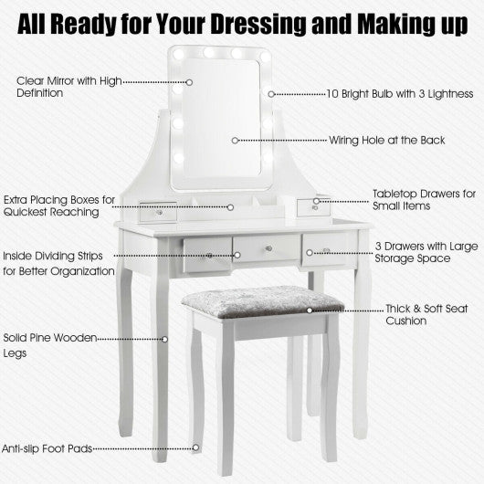 Vanity Dressing Table Set with 10 Dimmable Bulbs and Cushioned Stool-White