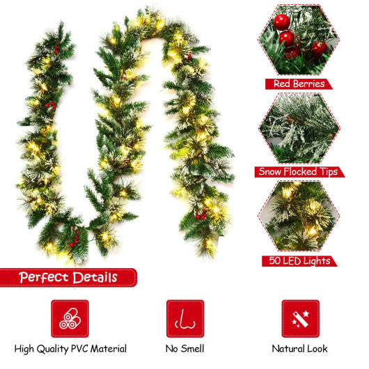 9 Feet Pre-lit Snow Flocked Tips Christmas Garland with Red Berries