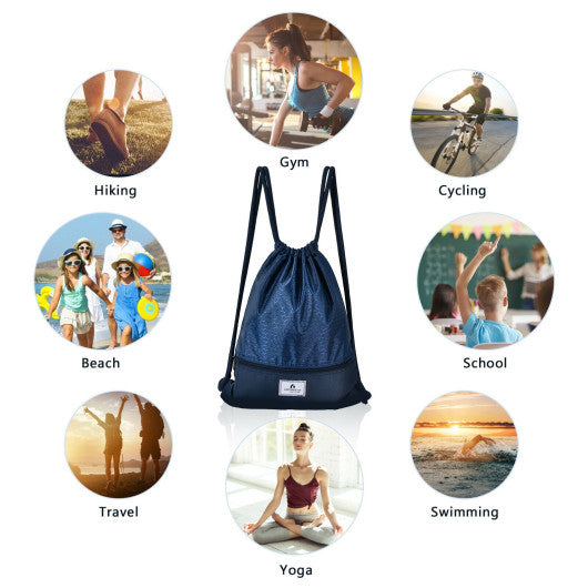 Drawstring Backpack String Bag Foldable Sports Sack with Zipper Pocket-Dark Blue