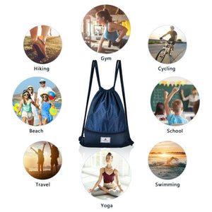 Drawstring Backpack String Bag Foldable Sports Sack with Zipper Pocket-Dark Blue