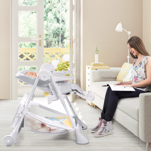 Baby Convertible Folding Adjustable High Chair with Wheel Tray Storage Basket -Gray