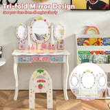 Kids Vanity Princess Makeup Dressing Table Chair Set with Tri-fold Mirror-White