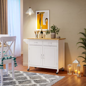 Modern Rolling Kitchen Cart Island with Wooden Top-White