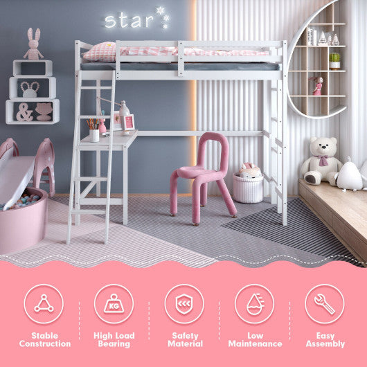 Twin Size Loft Bed Frame with Desk Angled and Built-in Ladder-White