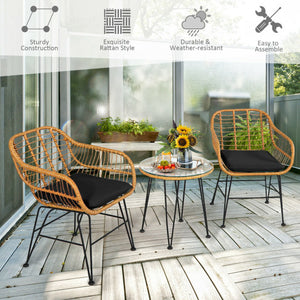 3 Pieces Rattan Furniture Set with Cushioned Chair Table-Black