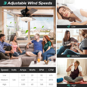 52 Inch Ceiling Fan with 3 Wind Speeds and 5 Reversible Blades-Black