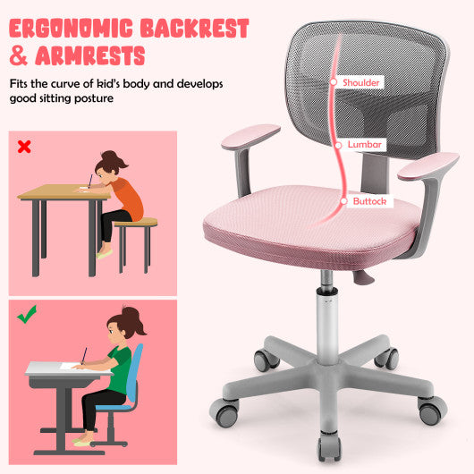 Adjustable Desk Chair with Auto Brake Casters for Kids-Pink