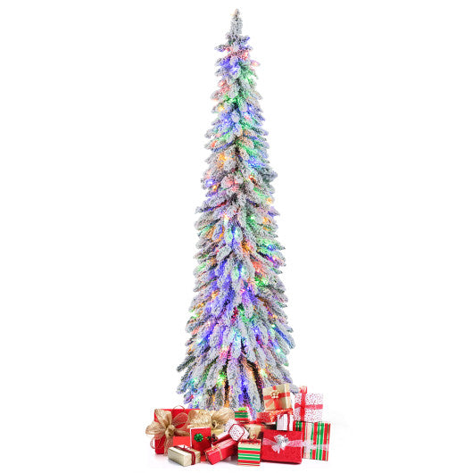 4/5/6 Feet Pre-Lit Artificial Christmas Tree Snow-Flocked Slim Pencil Xmas Decor-6 ft