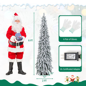 4/5/6 Feet Pre-Lit Artificial Christmas Tree Snow-Flocked Slim Pencil Xmas Decor-6 ft