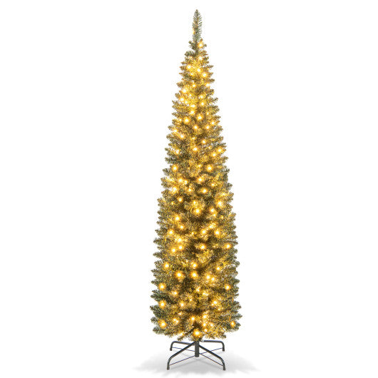 5/6/7/8/9 Feet Pre-lit Pencil Artificial Christmas Tree with 150/180/200//300/400 Warm White LED Lights-6 ft