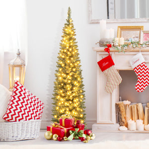 5/6/7/8/9 Feet Pre-lit Pencil Artificial Christmas Tree with 150/180/200//300/400 Warm White LED Lights-6 ft