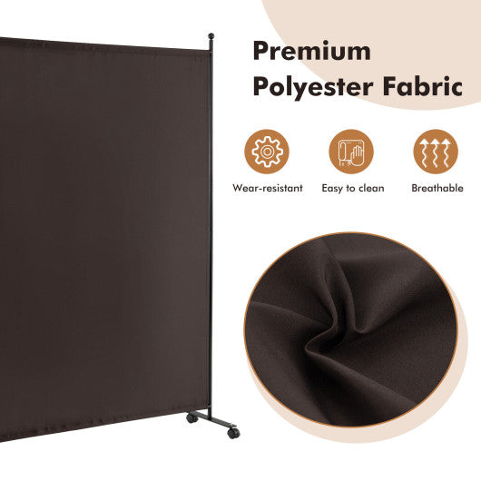 6 Feet Single Panel Rolling Room Divider with Smooth Wheels-Brown