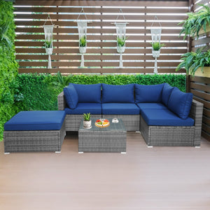 6 Pieces Outdoor Rattan Sofa Set with Seat and Back Cushions-Navy