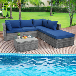 6 Pieces Outdoor Rattan Sofa Set with Seat and Back Cushions-Navy