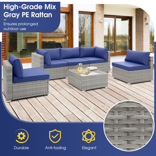 6 Piece Patio Conversation Sofa Set with Tempered Glass Coffee Table-Navy