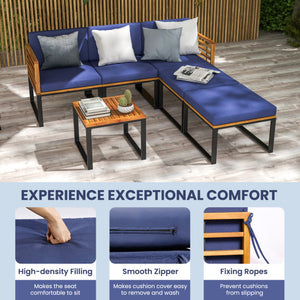 6 Piece Patio Acacia Wood Conversation Sofa Set with Ottomans and Coffee Table-Navy