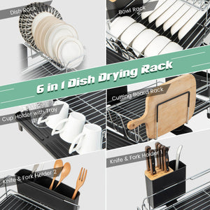 2-Tier Detachable Dish Rack with Drainboard and 360° Swivel Spout