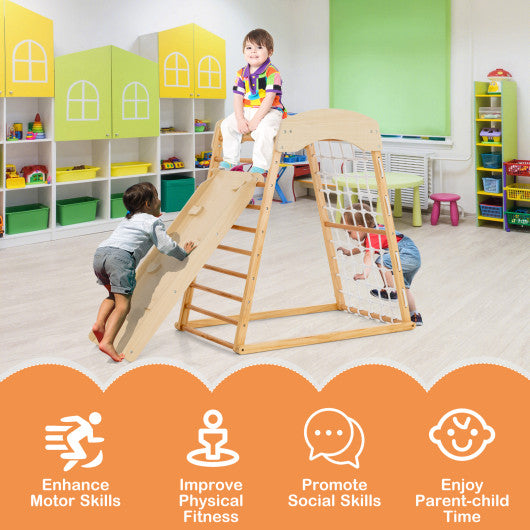 6-in-1 Jungle Gym Wooden Indoor Playground with Double-Sided Ramp and Monkey Bars-Natural