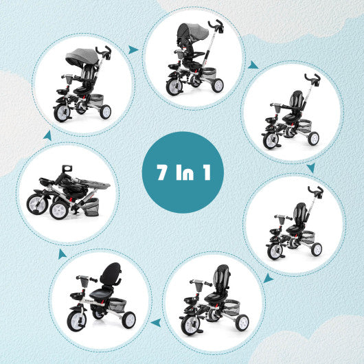 6-in-1 Detachable Kids Baby Stroller Tricycle with Canopy and Safety Harness-Gray