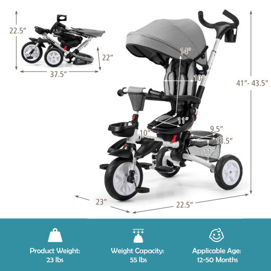 6-in-1 Detachable Kids Baby Stroller Tricycle with Canopy and Safety Harness-Gray