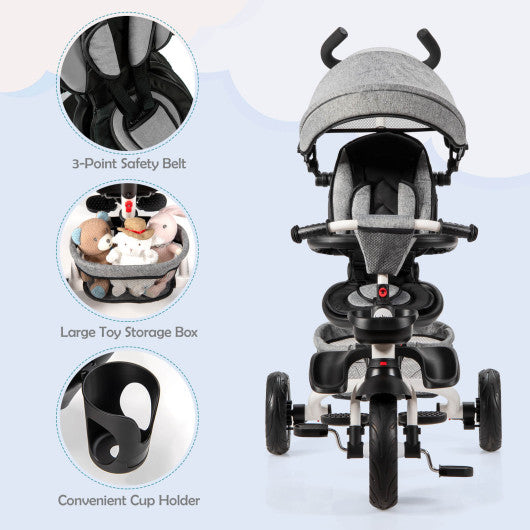 6-in-1 Detachable Kids Baby Stroller Tricycle with Canopy and Safety Harness-Gray