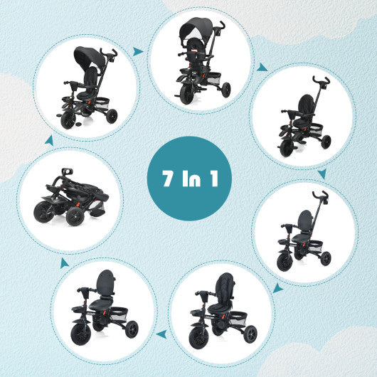 6-in-1 Detachable Kids Baby Stroller Tricycle with Canopy and Safety Harness-Black