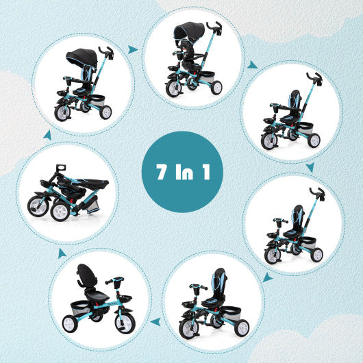 6-in-1 Detachable Kids Baby Stroller Tricycle with Canopy and Safety Harness-Blue