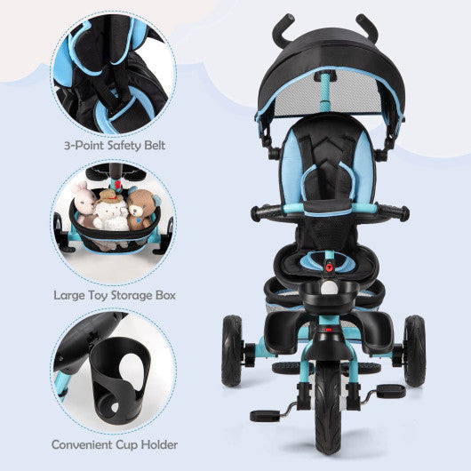 6-in-1 Detachable Kids Baby Stroller Tricycle with Canopy and Safety Harness-Blue