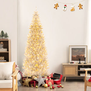 6/7 FT Pre-Lit Artificial Silver Tinsel Xmas Tree with 790 Branch Tips and 300 LED Lights-7 ft