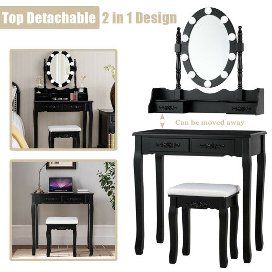 Makeup Dressing Table with Touch Switch Lighted Mirror and Cushioned Stool-Black
